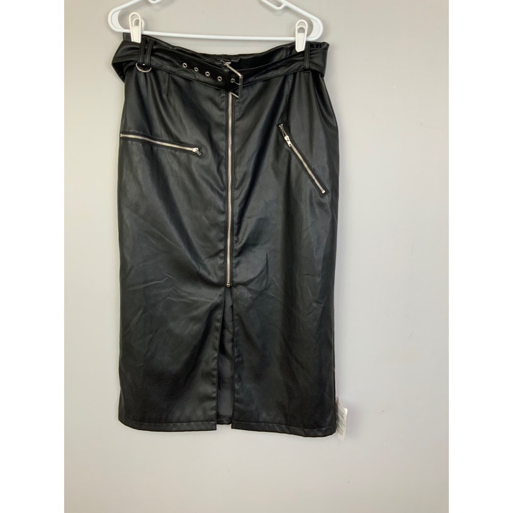 NEW Asos Sz 12 Black Faux Leather Belted Midi Skirt Zippers Slit Biker Moto Goth